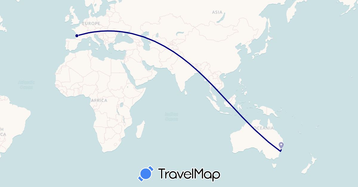 TravelMap itinerary: driving in Australia, France (Europe, Oceania)